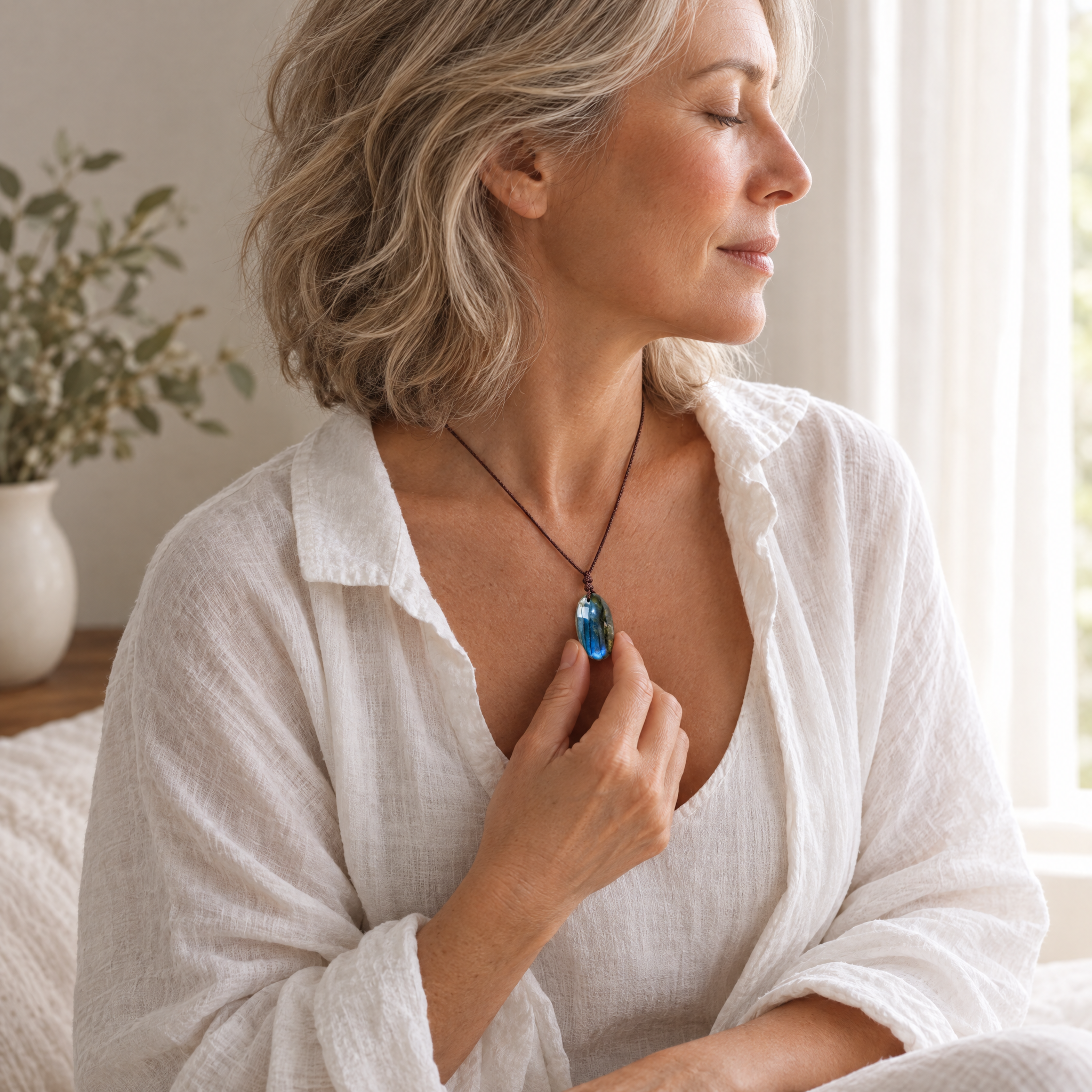 Woman with eyes closed holding the labradorite pendant at her chest