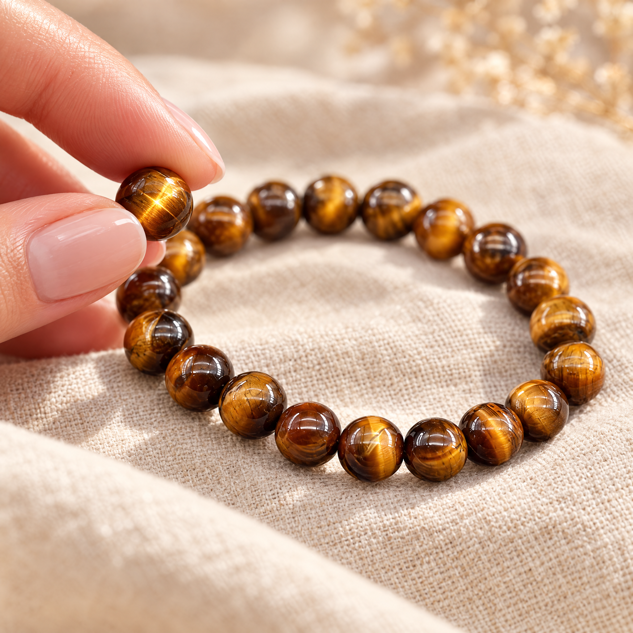 Close-up of the tiger's eye bracelet showing size and detail