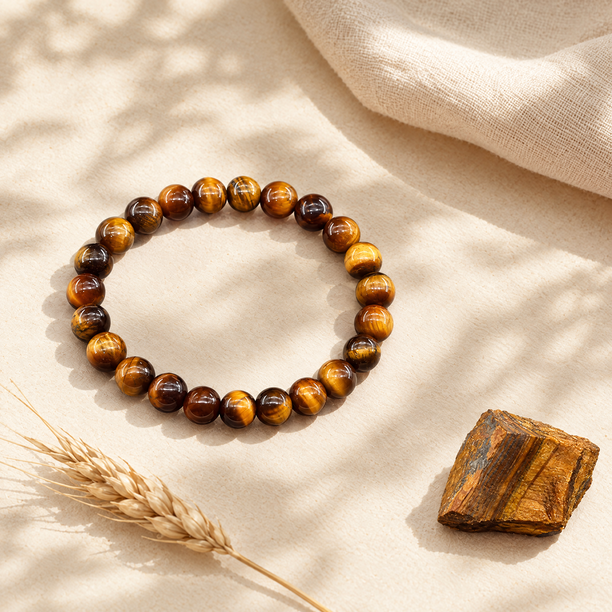 The tiger's eye bracelet in a soft flat-lay with linen and natural stone