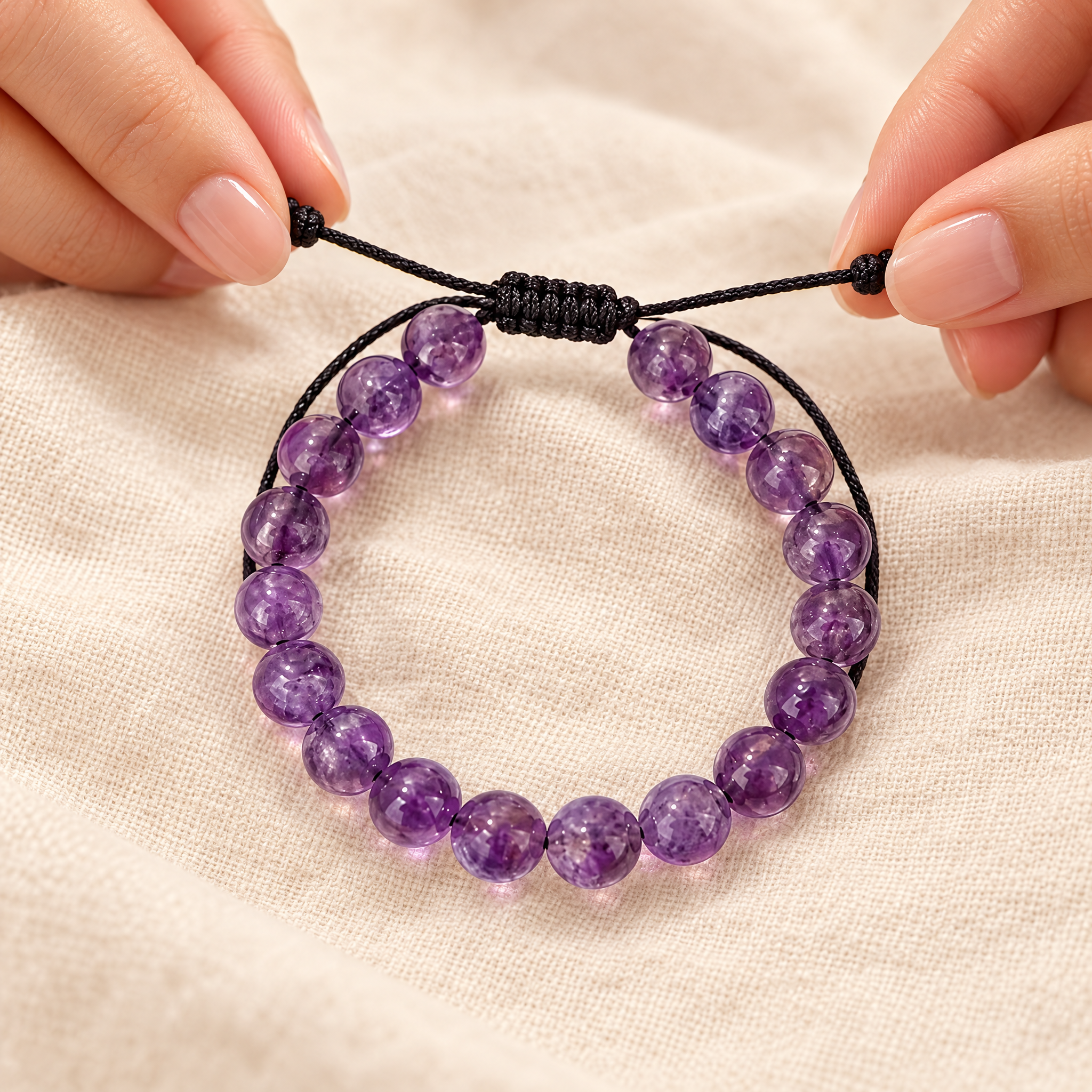 Close-up of the amethyst bracelet showing size and detail