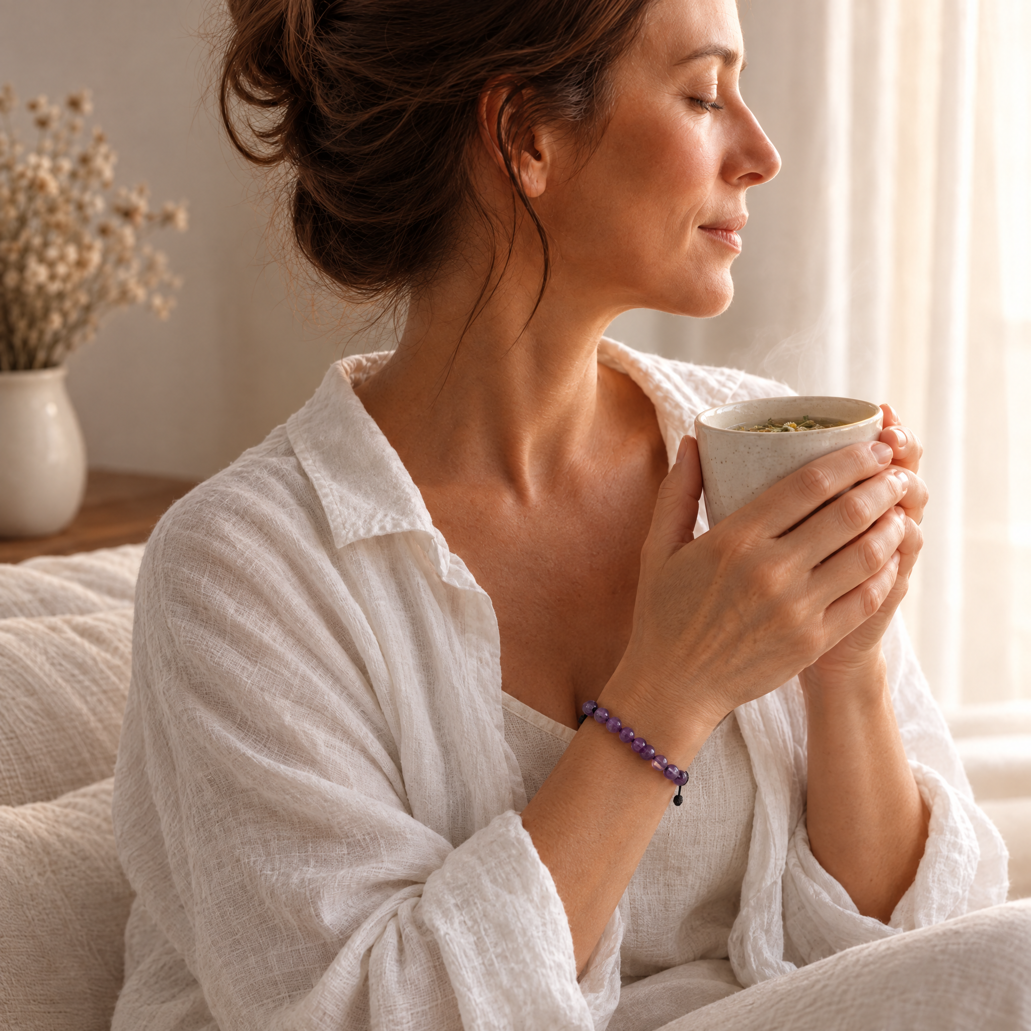 Woman in a calm moment wearing the amethyst bracelet