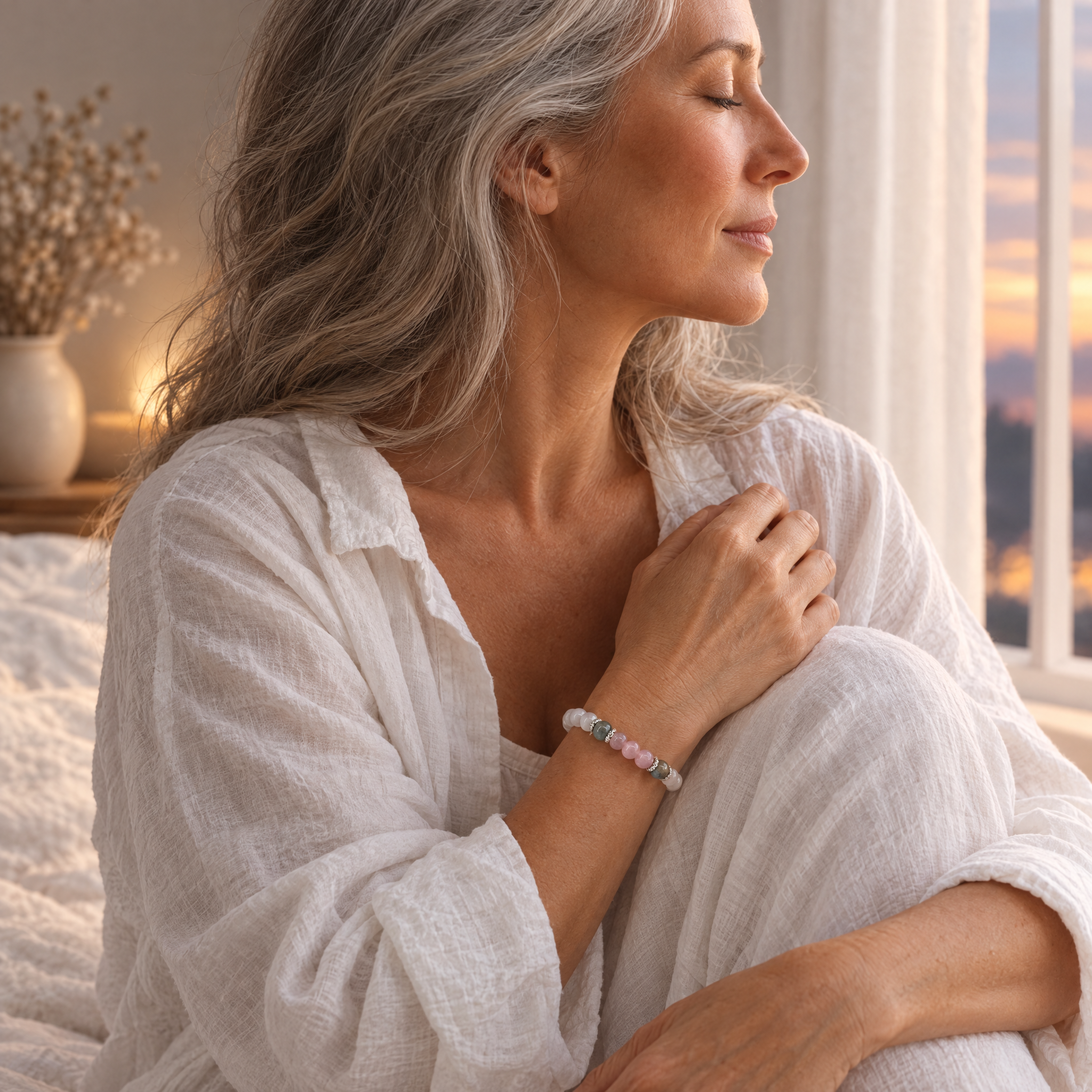 Woman in a calm moment wearing the Moonlit Calm bracelet