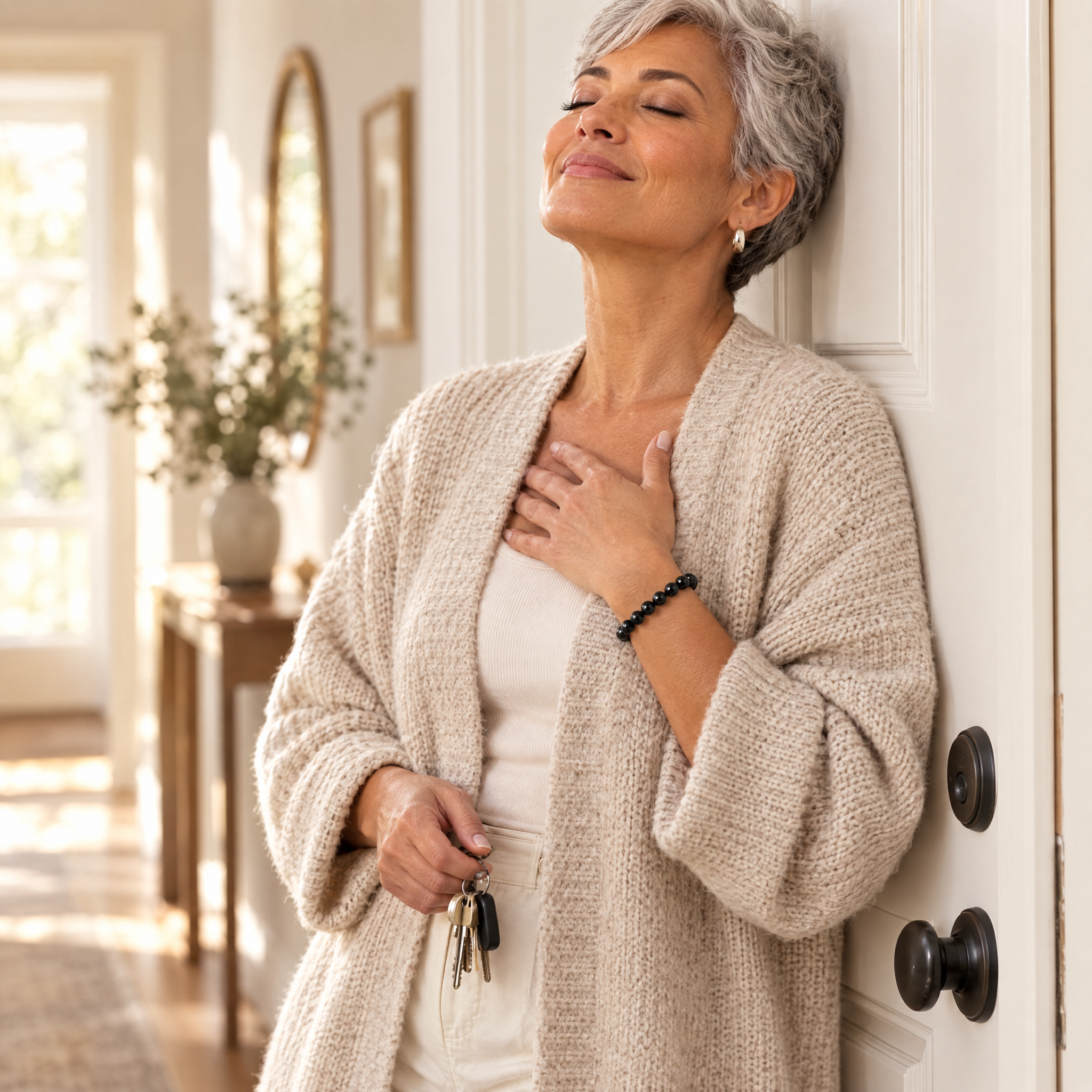 Woman in a calm moment wearing the black tourmaline bracelet