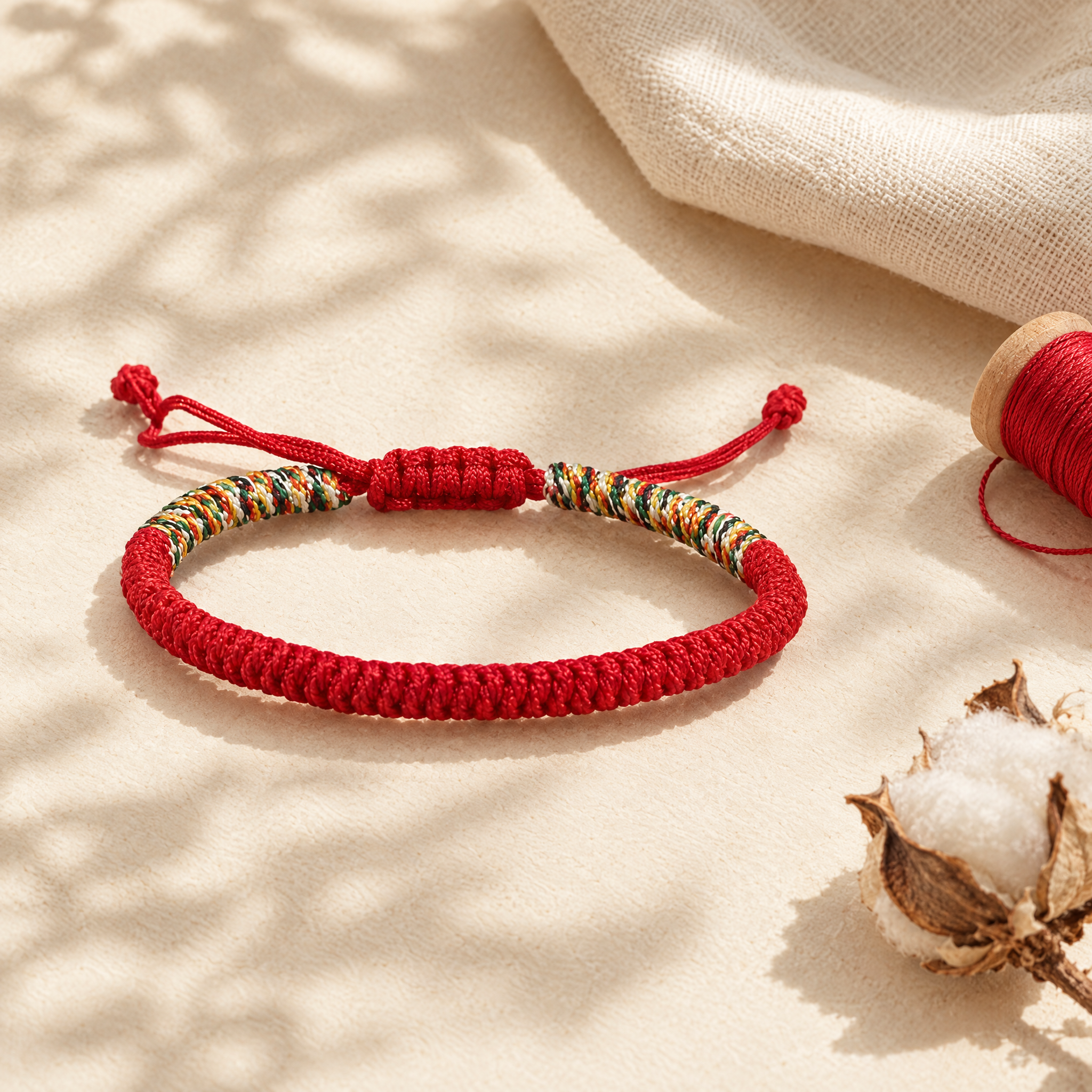 The red string bracelet in a soft flat-lay with linen and red thread