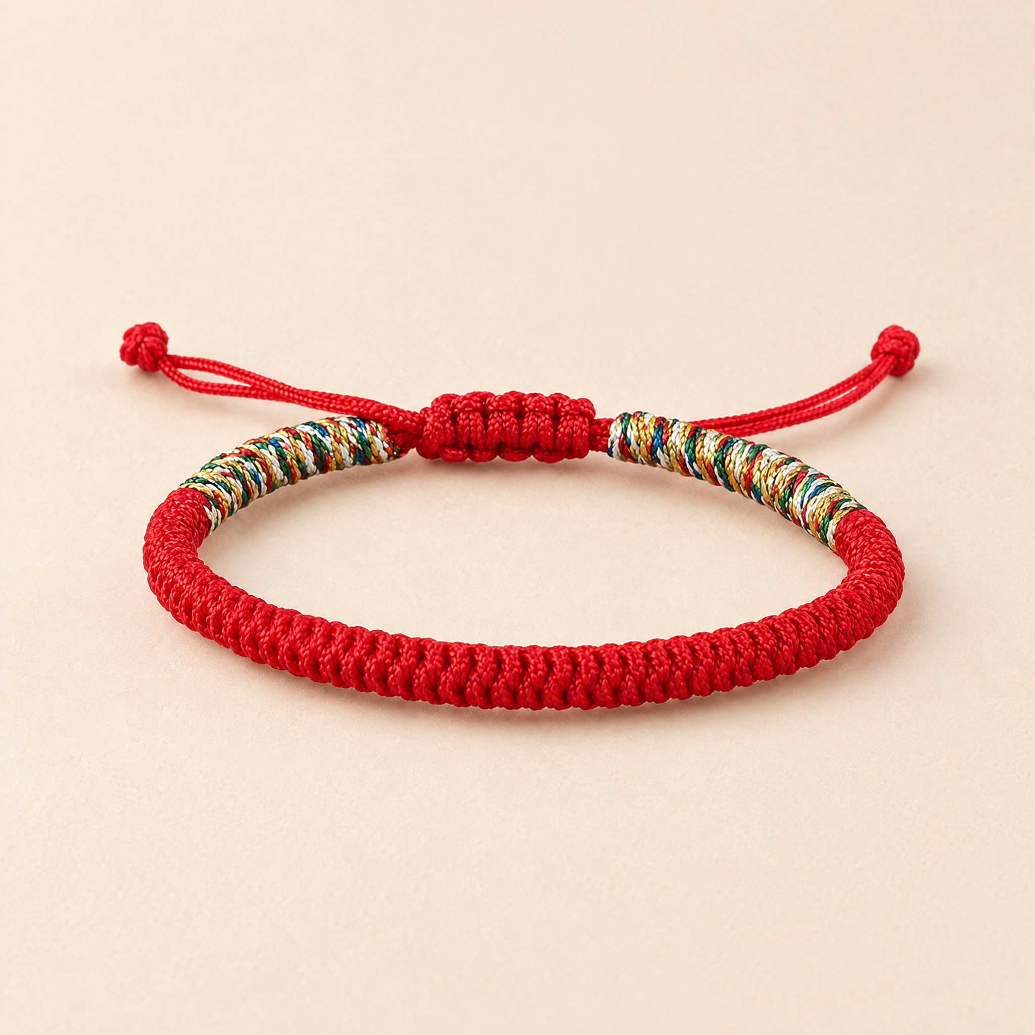 Red String of Protection bracelet on a cream background