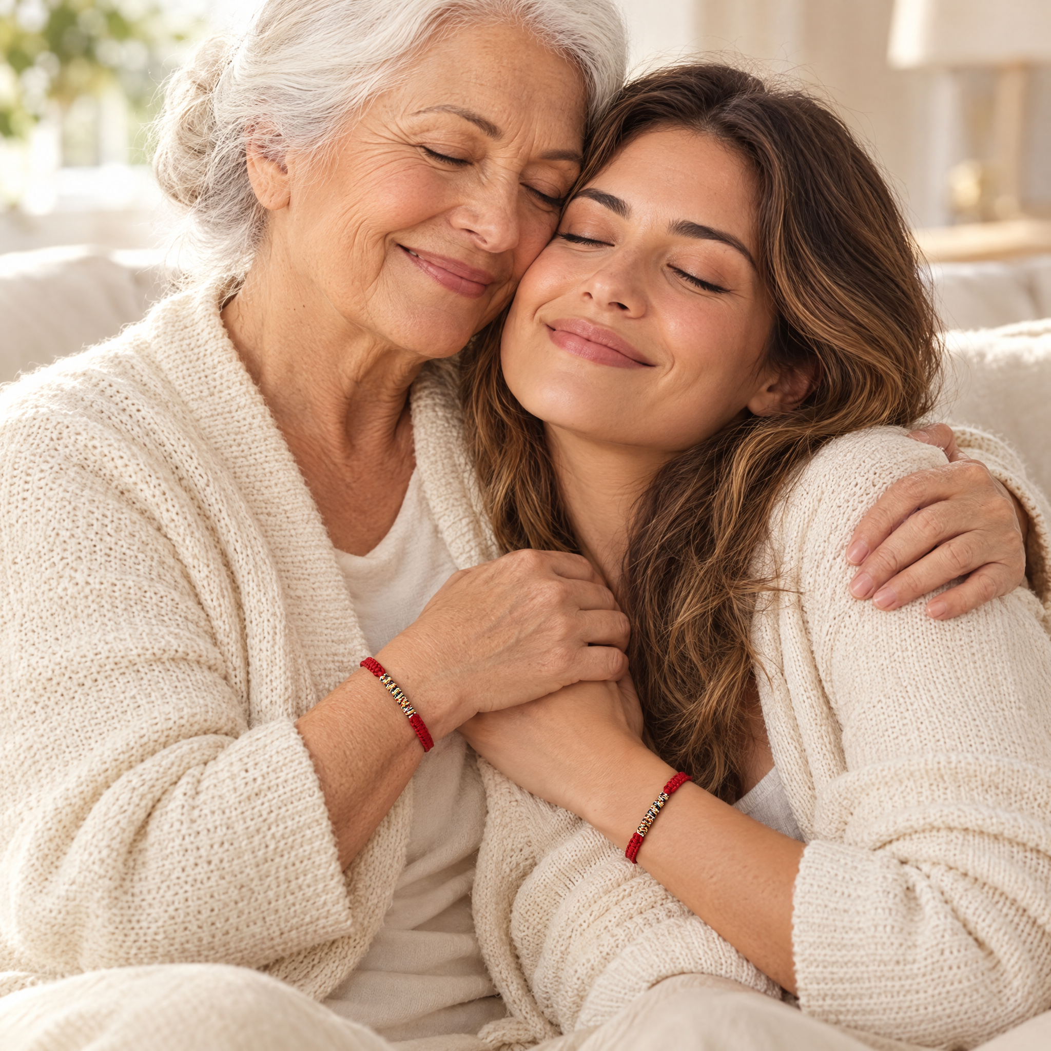 Grandmother and granddaughter embracing, both wearing the red string bracelet