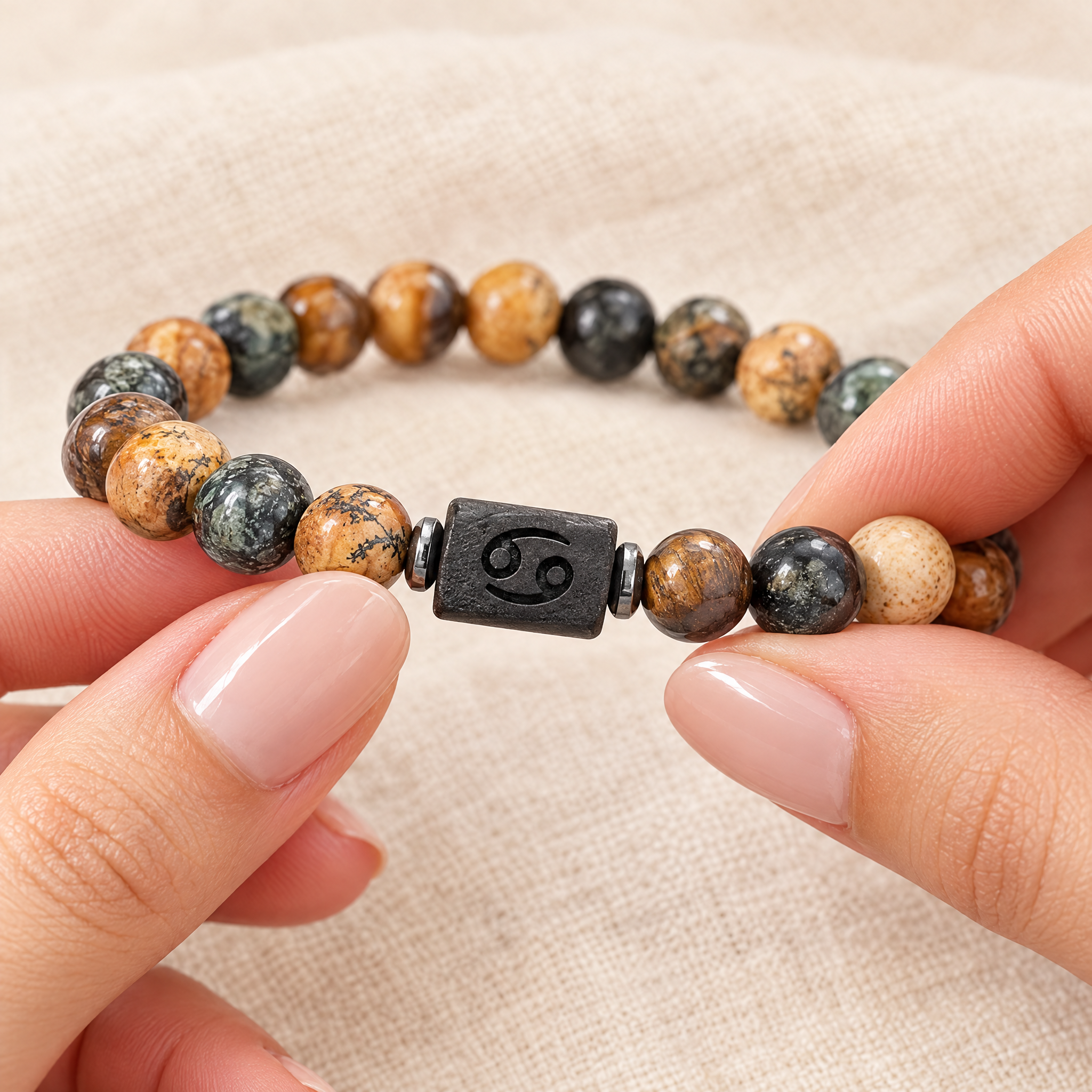 Close-up of the engraved zodiac centre bead