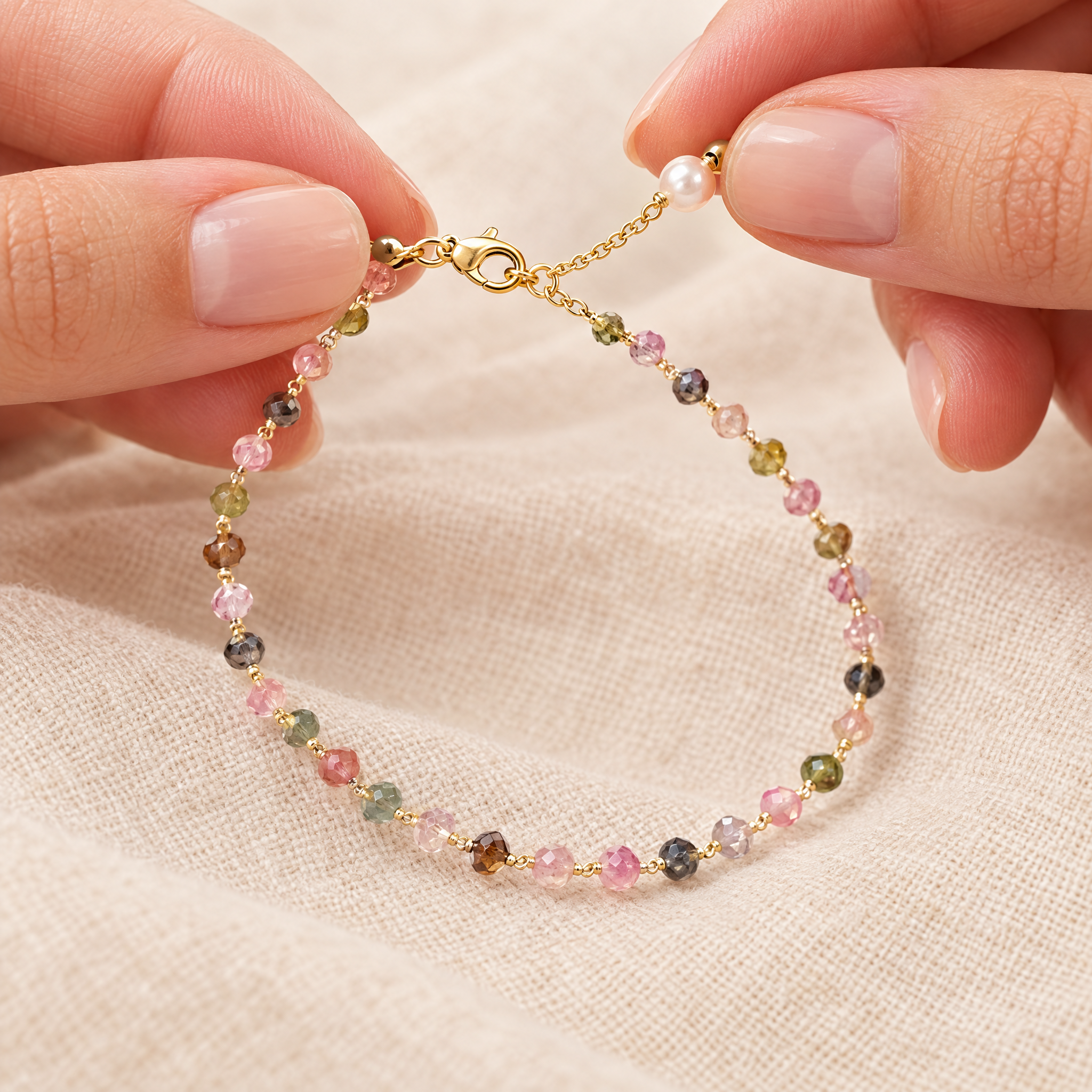 Close-up of the tiny faceted tourmaline beads and clasp