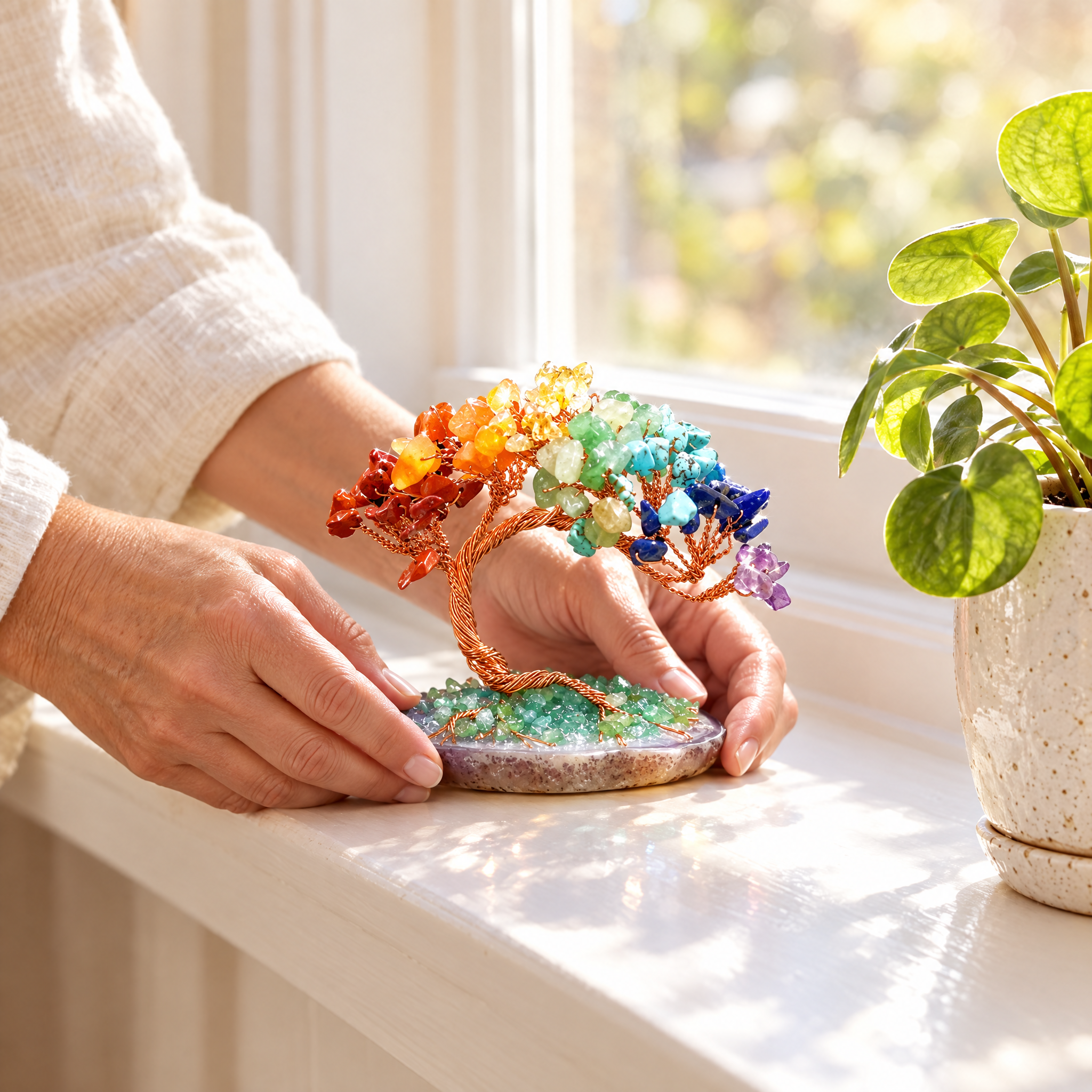 Hands placing the small gemstone tree on a sunlit windowsill