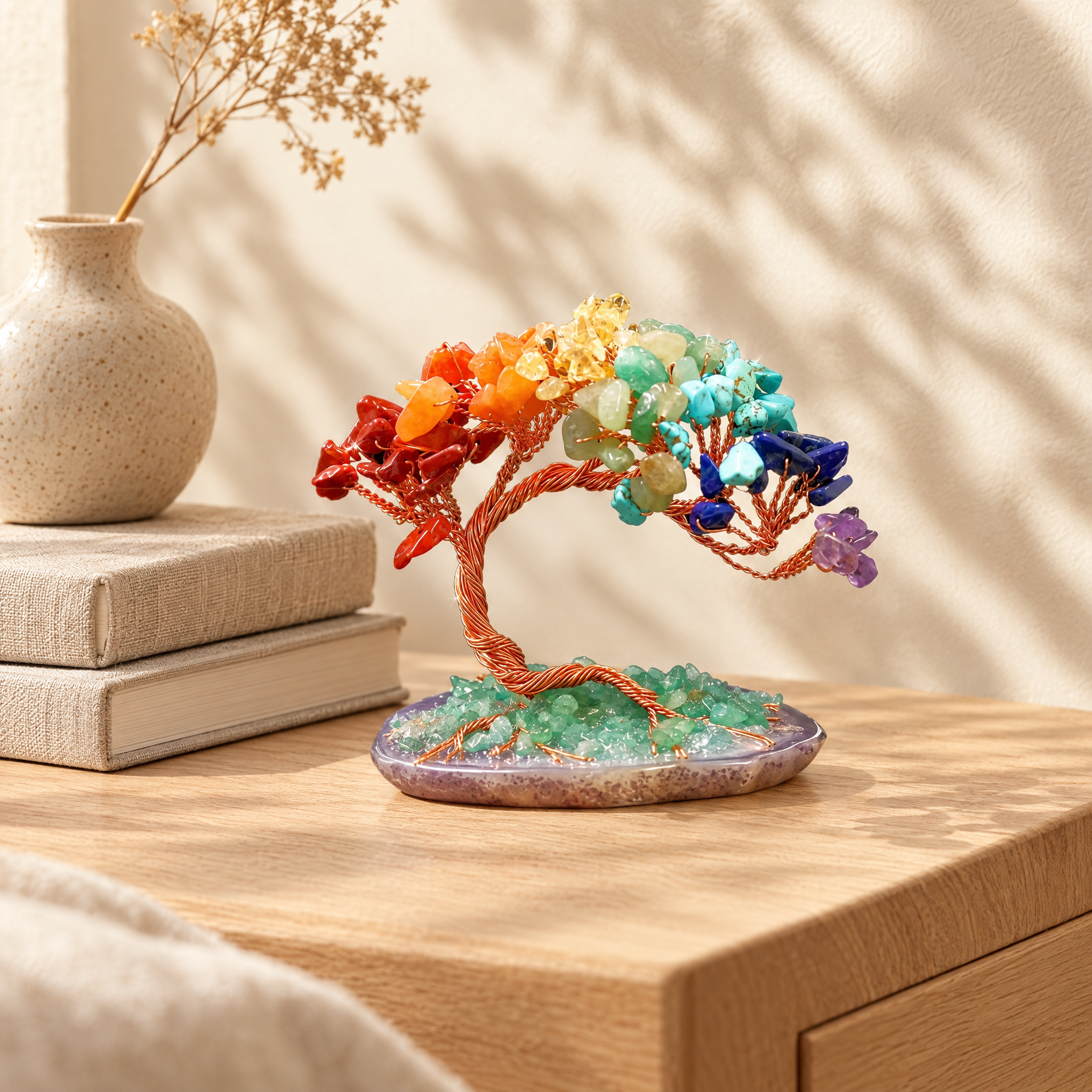The gemstone tree on a bedside table next to linen books